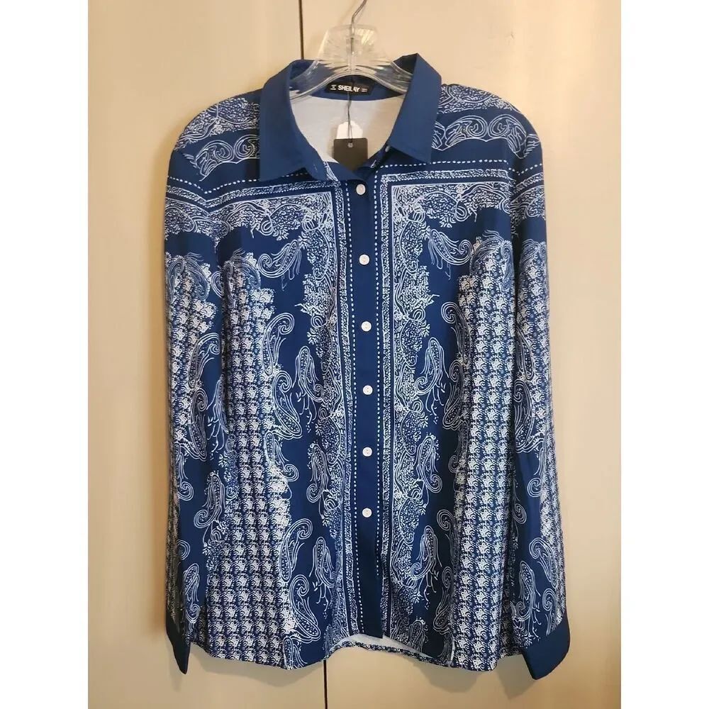 F44 Sheilay Blue & White Paisley print Button-Up Blouse - Western cowgirl NWT